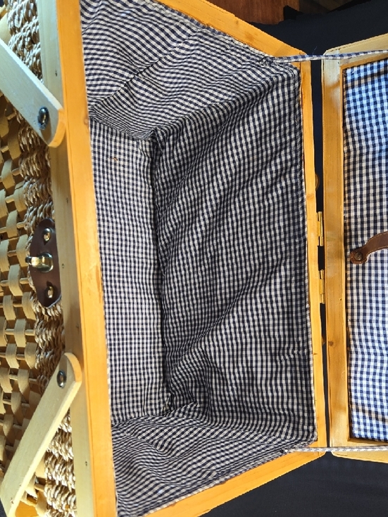 Vintage Woven Wood Picnic Basket with Wooden Handles and Blue
